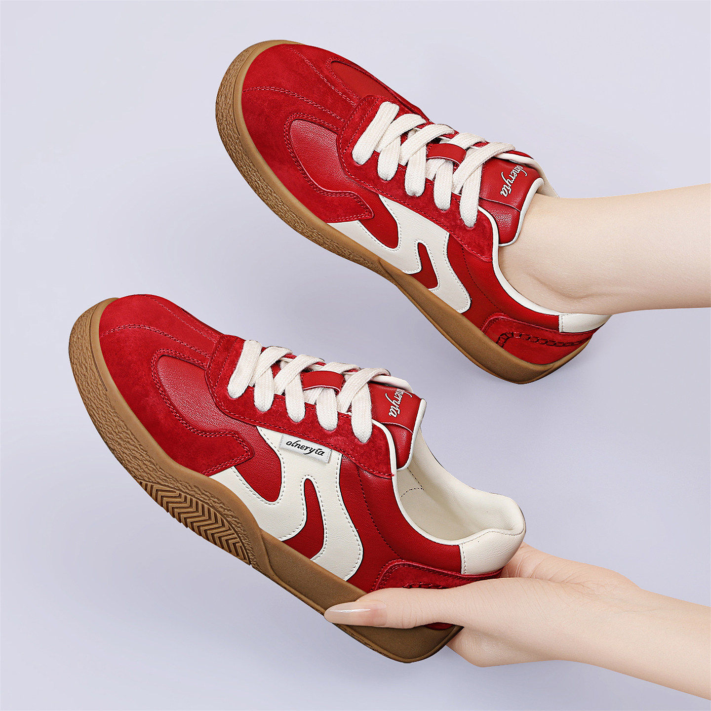 2026新款早春季复古拼色德训鞋女红色系带平底休闲运动鞋百搭板鞋,女鞋,德训鞋,淘宝优惠券,粉丝福利购,淘宝优惠卷