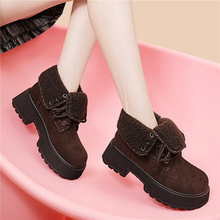 品牌雪地鞋女款2025新款冬季加绒保暖棉鞋厚底松糕高跟短靴毛毛鞋