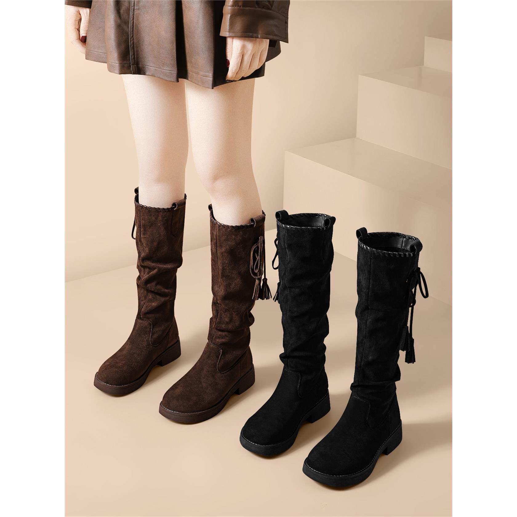 正品高筒靴2025秋冬季防滑休闲鞋女骑士靴堆堆靴时尚覆古靴子绒面