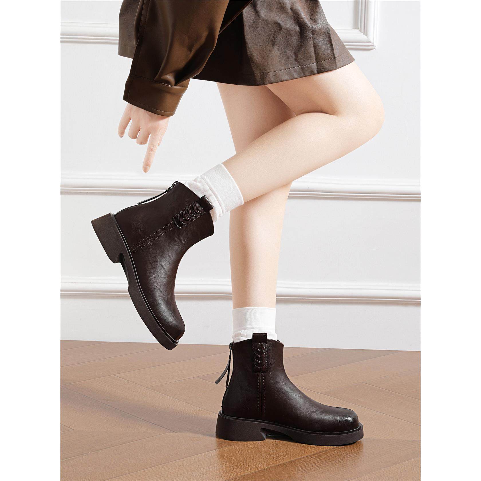 真皮短靴女春秋单靴2025新款中跟软底拉炼冬季加绒头层牛皮马丁靴,女鞋,马丁靴,淘宝优惠券,粉丝福利购,淘宝优惠卷