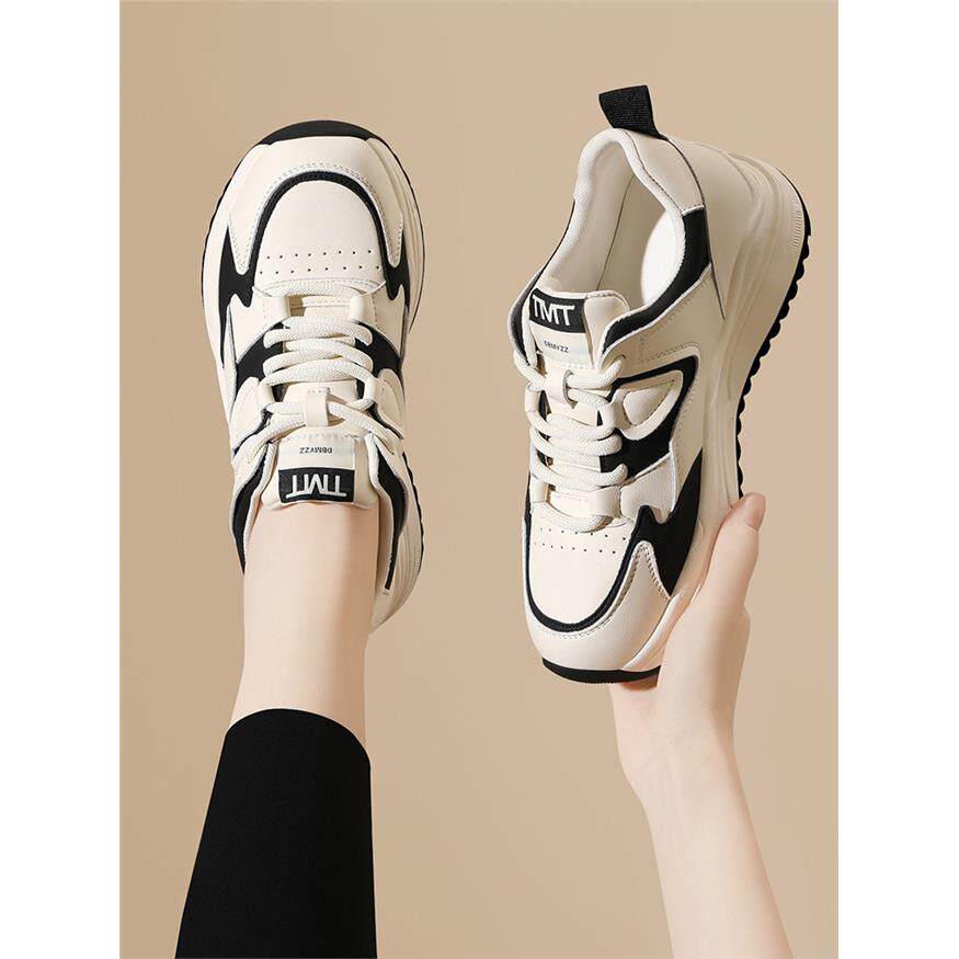 黑白熊猫女鞋2025春夏新款百搭真皮轻便休闲鞋运动软底爸爸鞋