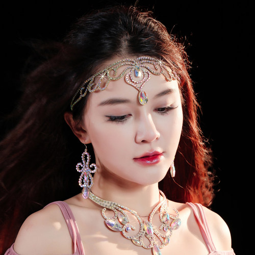 舞娘肚皮舞表演出头饰弹力发圈比赛额饰东方舞头链亮钻石眉心饰品