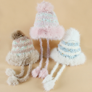 大毛球撞色针织仿皮草毛线帽子条纹针织冬女生护耳大头头围显脸小