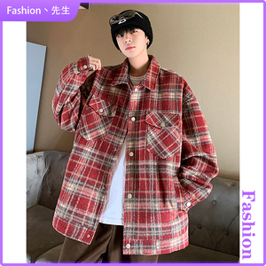 Fashion青少年秋新格子翻领夹克男上衣情侣大码痞帅ins小香风外套