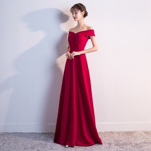 一半盛装简单大方晚礼服女高级感主持仙女一字肩连衣裙长裙敬酒服