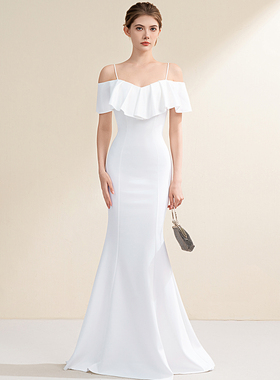 一半盛装2026法式白色晚礼服吊带一字肩荷叶边遮手臂鱼尾长款礼服
