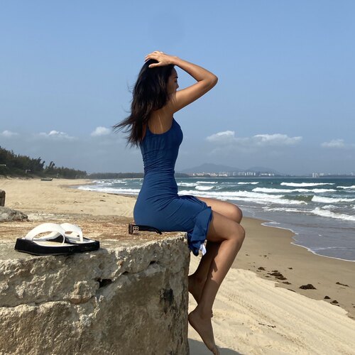 akiyo studio欧美弹力包臀蓝色女显瘦修身露背连衣裙夏季女长裙