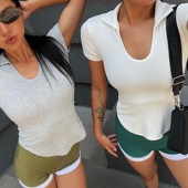 studio欧美罩衫 套头夏季 POLO翻领V短袖 akiyo 修身 弧形纯色上衣