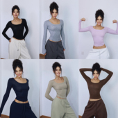 长袖 女士T恤上衣 新款 纯色U领基础打底修身 莱赛尔长袖 2025秋季