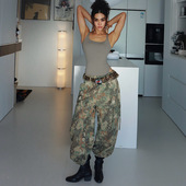 女高腰显瘦直筒阔腿休闲裤 裤 欧美风 辣妹鳄鱼色工装