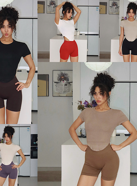 akiyo studio欧美运动短袖健身上衣瑜伽服短款紧身修身跑步短袖
