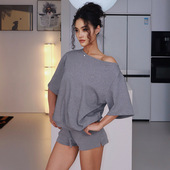 欧美风辣妹斜肩短袖 t恤女宽松显瘦露肩外搭上衣