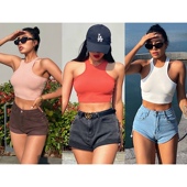 akiyo 高腰螺纹工字背心上衣女 修身 studio 欧美圆领无袖