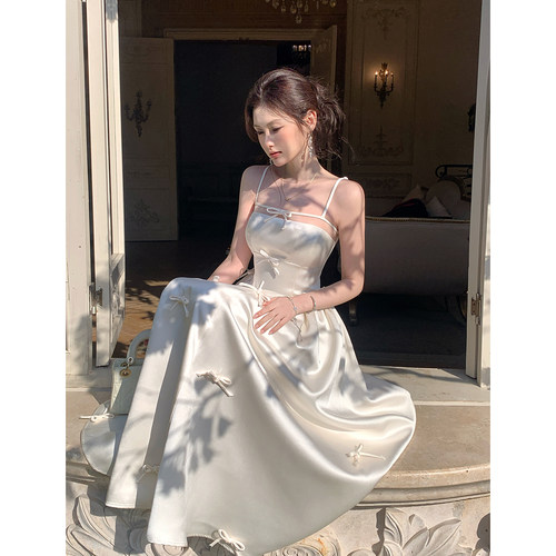 法式缎面抹胸连衣裙女