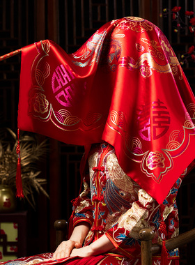 新娘红盖头新款中式婚礼中国风蒙头婚庆用品高档秀禾服红色头纱巾