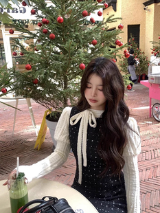 黑色小香风毛呢背心连衣裙女秋冬高级气质蝴蝶结千金感短裙两件套