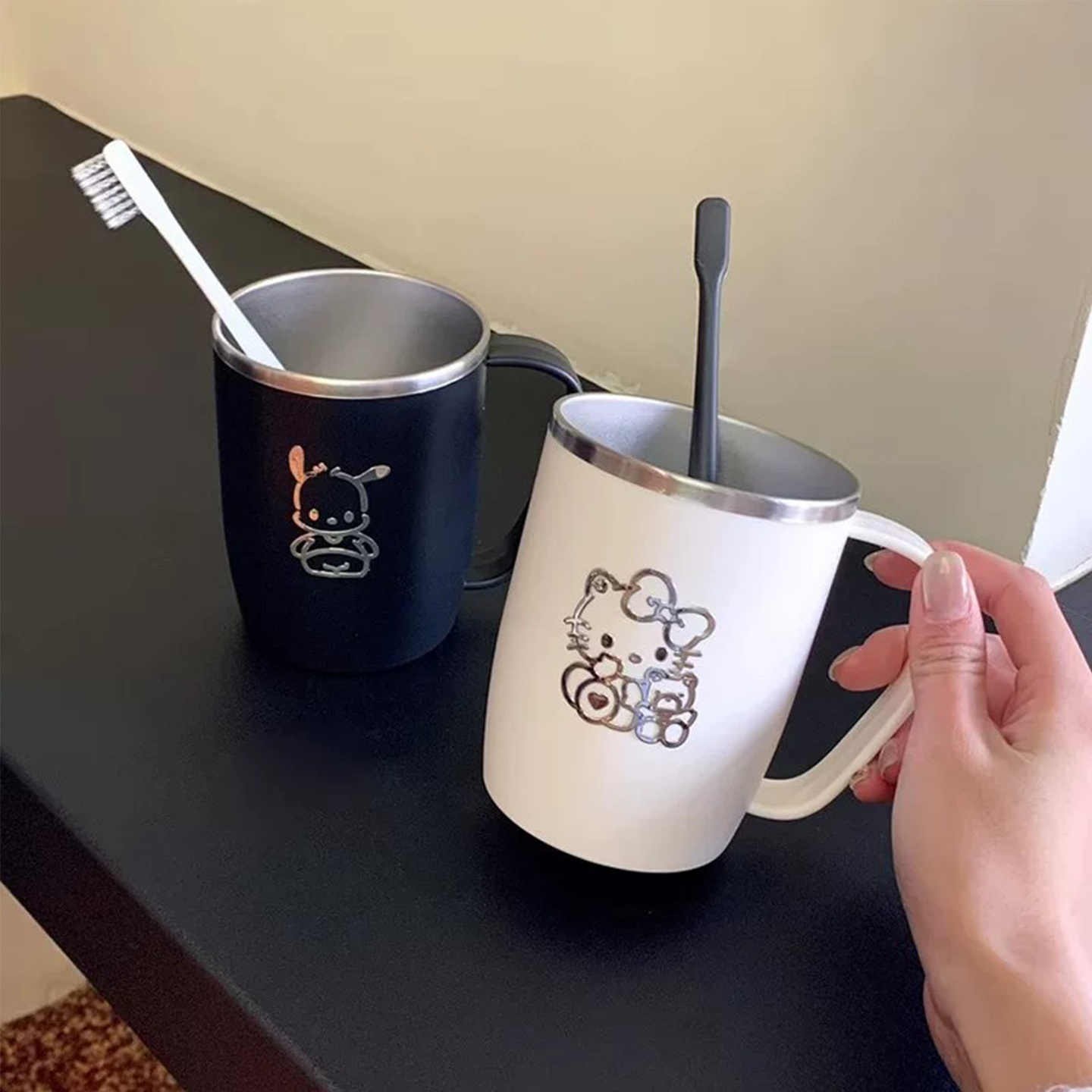 304不锈钢洗漱口杯防霉刷牙水杯子带手柄一家三口简约可爱情侣杯