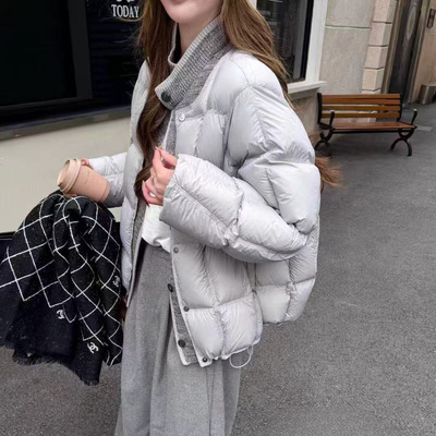 韩版针织拼接假两件90白鸭绒方格羽绒服女2025冬季休闲面包服外套