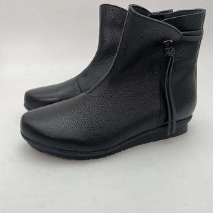柜雅氏短靴女头层牛皮舒适软底妈妈鞋加绒保暖时尚百搭女靴子黑色