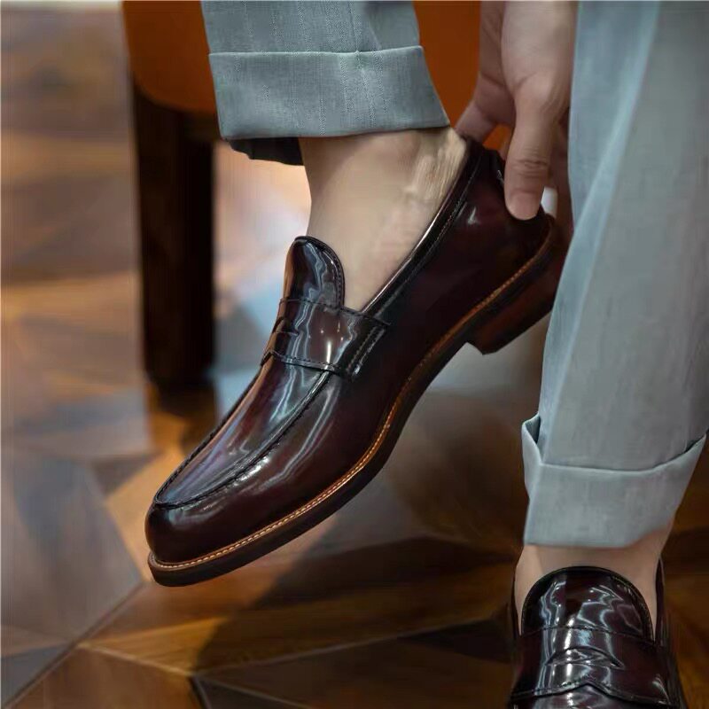 跃绅仕英伦风圆头正装商务休闲真皮男士懒人一脚蹬便士乐福鞋亮皮