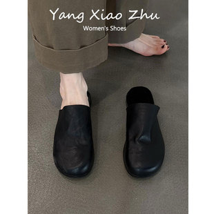 羊皮版~复古真皮软底包头凉拖鞋女休闲百搭一脚蹬简约外穿半拖鞋