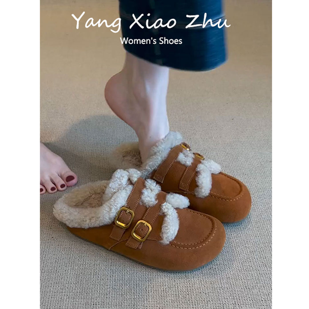 羊皮~复古厚底加绒保暖勃肯半拖