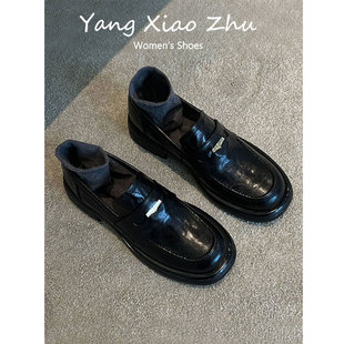 牛皮版~英伦风乐福鞋女一脚蹬圆头百搭小皮鞋金币软底粗跟小单鞋