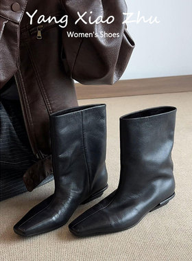 牛皮版~英伦风方头宽筒切尔西靴女2025秋冬百搭黑色粗跟中筒靴子