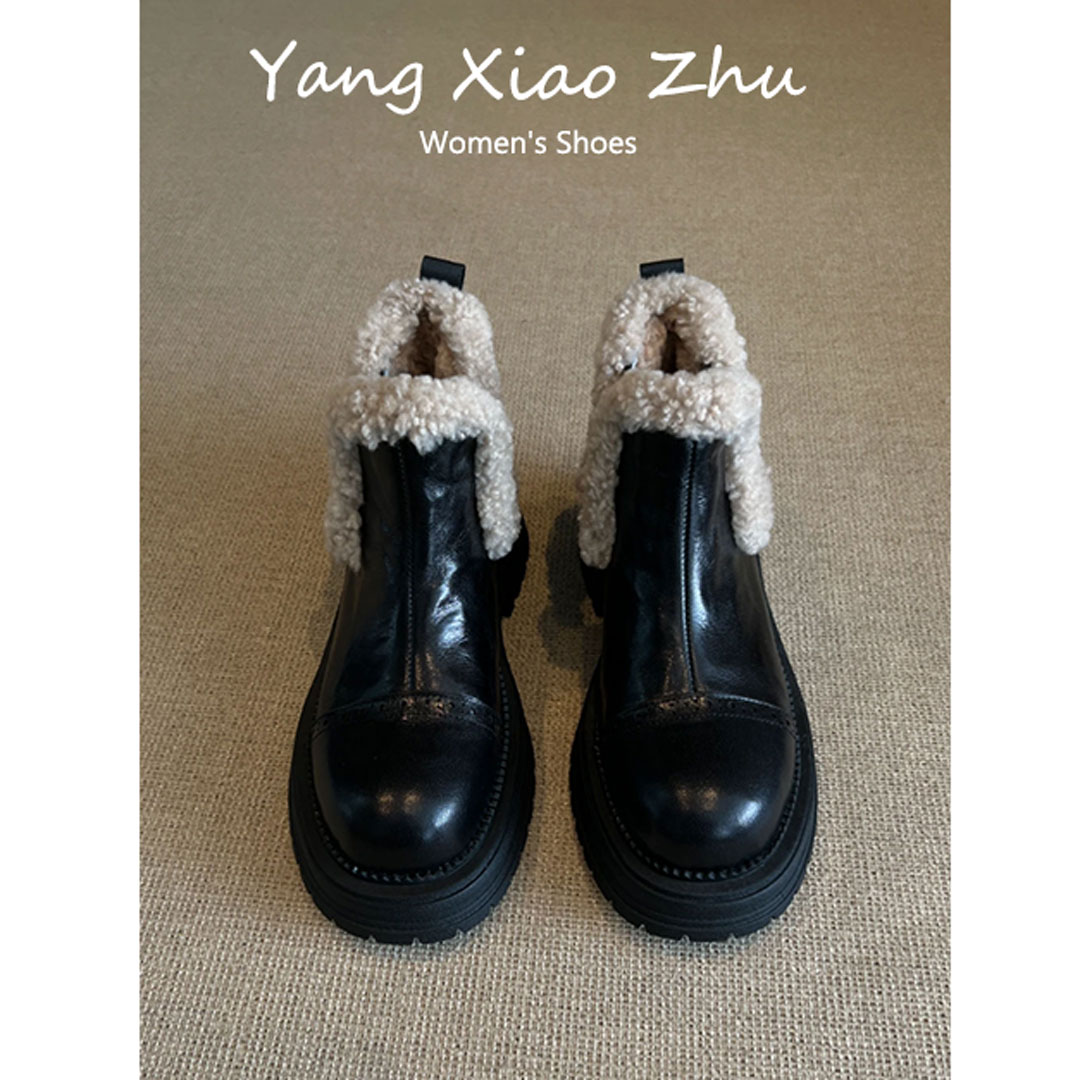 牛皮版~复古加绒保暖圆头马丁靴