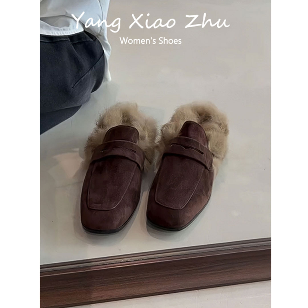 羊皮版~复古方头粗跟毛毛鞋女