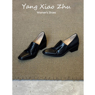 牛皮版~高级感方头小皮鞋气质时尚粗跟百搭简约复古浅口乐福单鞋