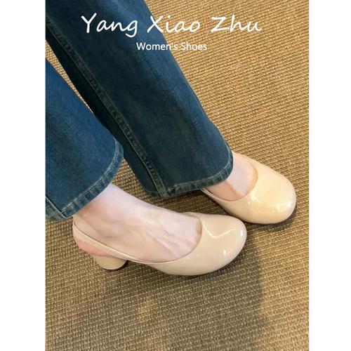 羊皮版~法式圆头粗跟漆皮凉鞋女