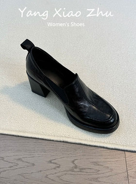 羊皮版~英伦风粗跟乐福鞋女黑色圆头百搭中跟小个子通勤高跟单鞋