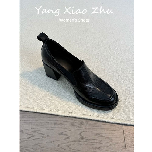 羊皮版~英伦风粗跟乐福鞋女黑色