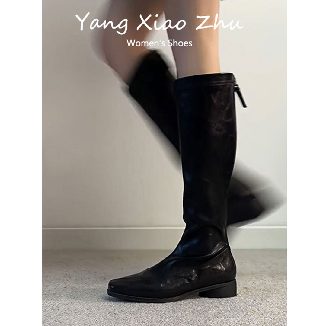 牛皮版~复古方头粗跟高筒骑士靴