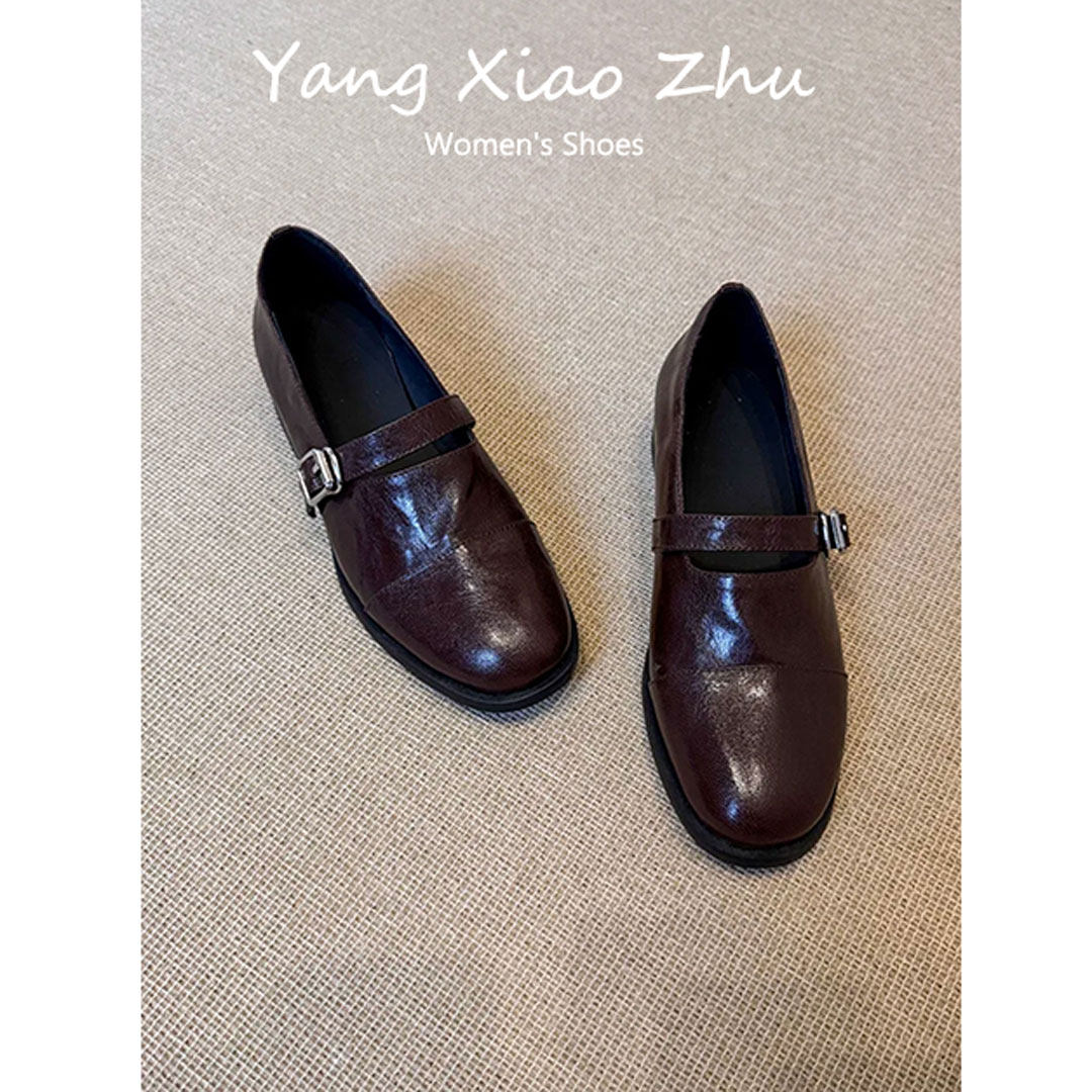 牛皮版~复古极简一字扣圆头乐福鞋2025新款粗跟小皮鞋方扣单鞋女,女鞋,乐福鞋（豆豆鞋）,淘宝优惠券,粉丝福利购,淘宝优惠卷