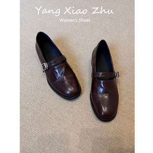 牛皮版~复古极简一字扣圆头乐福鞋2025新款粗跟小皮鞋方扣单鞋女