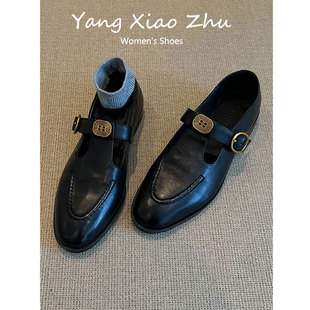 牛皮版~高级感英伦风低跟小皮鞋女圆头百搭金属扣T字带乐福鞋单鞋