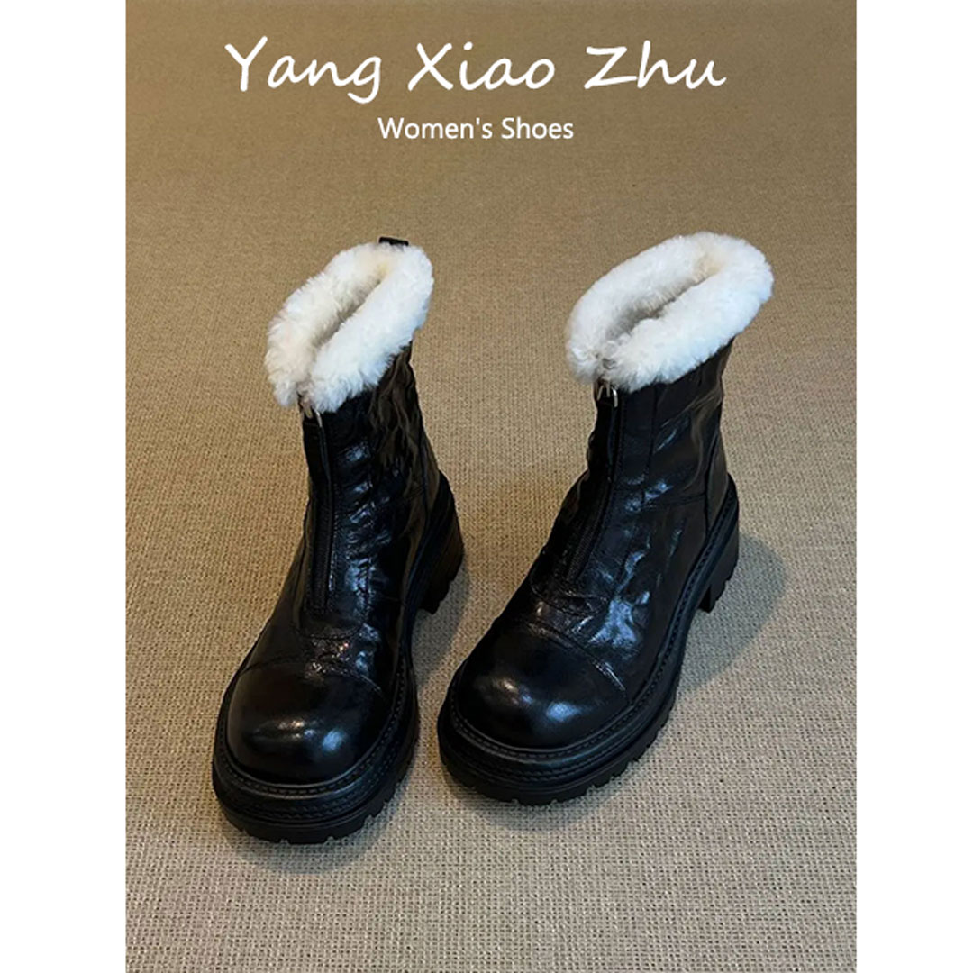 牛皮版~厚底增高毛绒短靴女秋冬