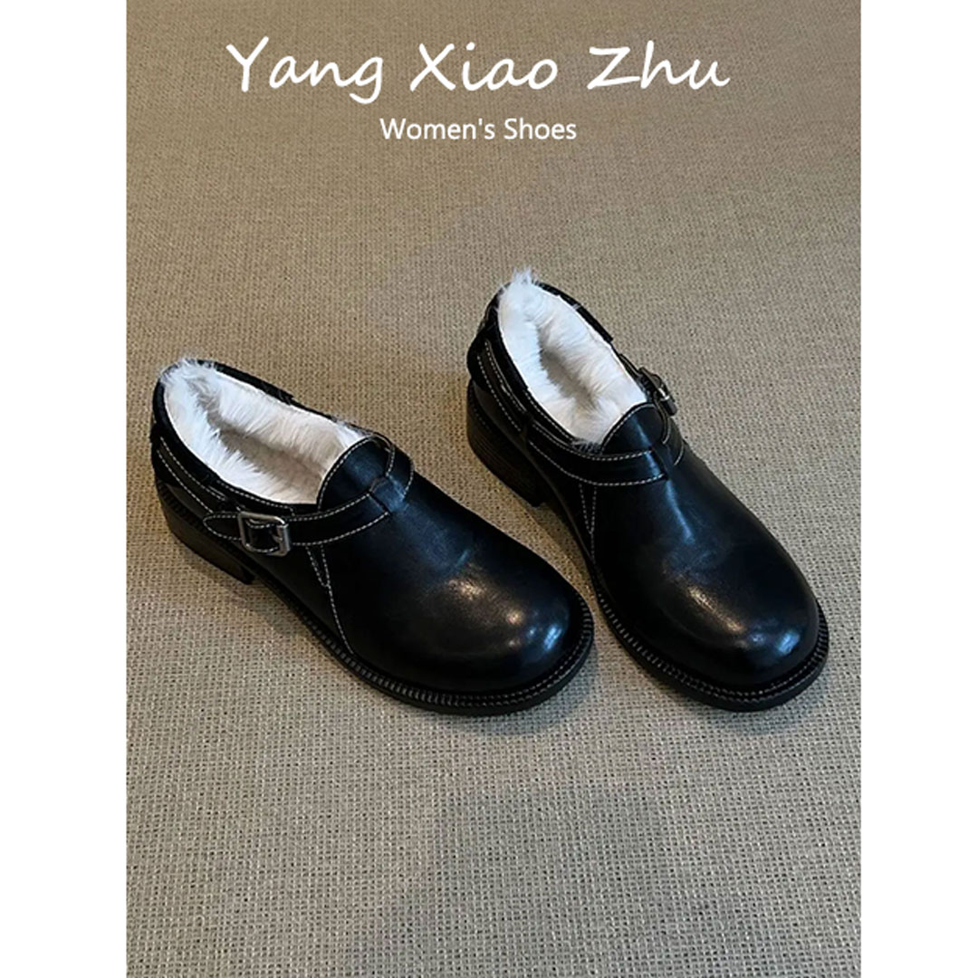 牛皮版~英伦风粗跟加绒小皮鞋女