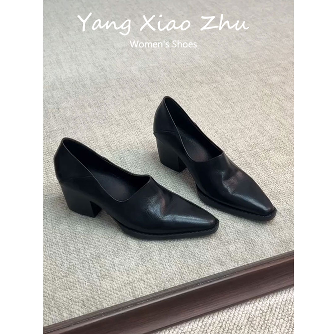 羊皮版~法式复古风粗跟浅口单鞋女通勤小皮鞋百搭尖头高跟乐福鞋