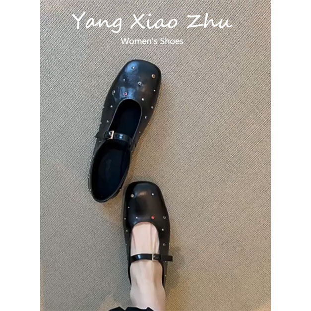 羊皮版~春夏新款复古方头铆钉通勤玛丽珍一字带小众芭蕾舞平底鞋