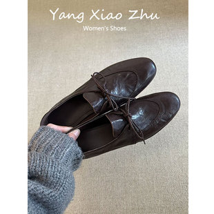 羊皮版~法式复古风圆头小皮鞋女系带粗跟乐福鞋通勤百搭深口单鞋