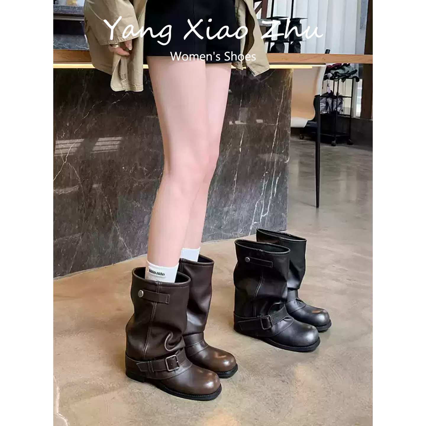 羊皮废土风褶皱扣带西部短靴秋冬