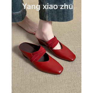 羊皮版~法式复古风交叉带玛丽珍拖鞋女夏2026红色内增高包头半拖