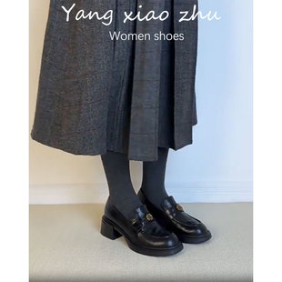 牛皮版~山茶花22026新款春季粗跟小皮鞋女乐福鞋不累脚黑色单鞋