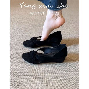 小众设计感单鞋 女夏季 复古风黑色蝴蝶结坡跟露趾罗马凉鞋 牛皮版