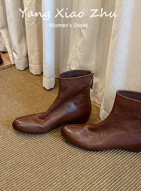 羊皮版~红色圆头内增高瘦瘦靴女2025新款女士真皮秋冬超火小短靴