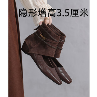 靴子女款2026新款秋冬短筒单鞋靴复古真皮方头棕色内增高短靴女款
