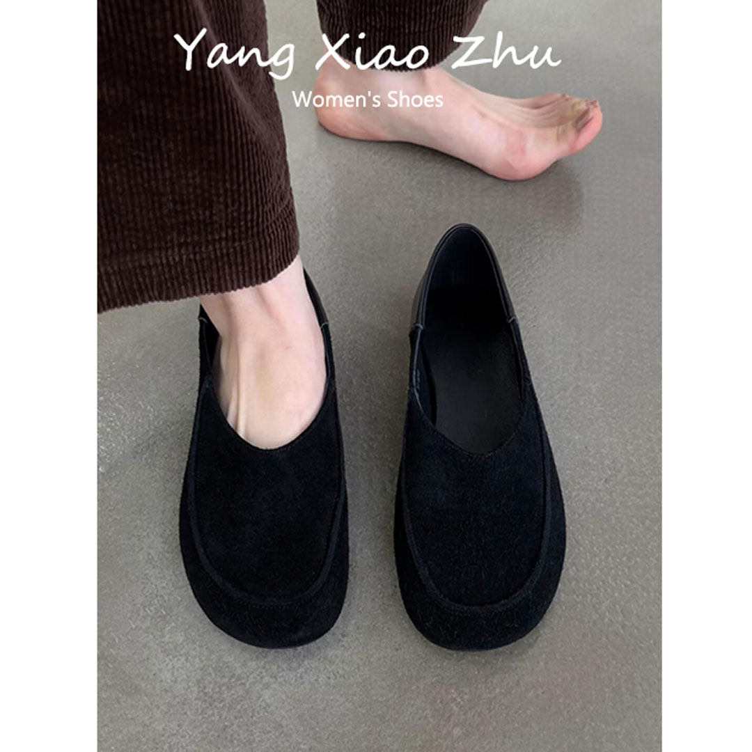 羊皮版~复古拼接平底乐福鞋女通勤一脚蹬百搭舒适老钱风绒面单鞋